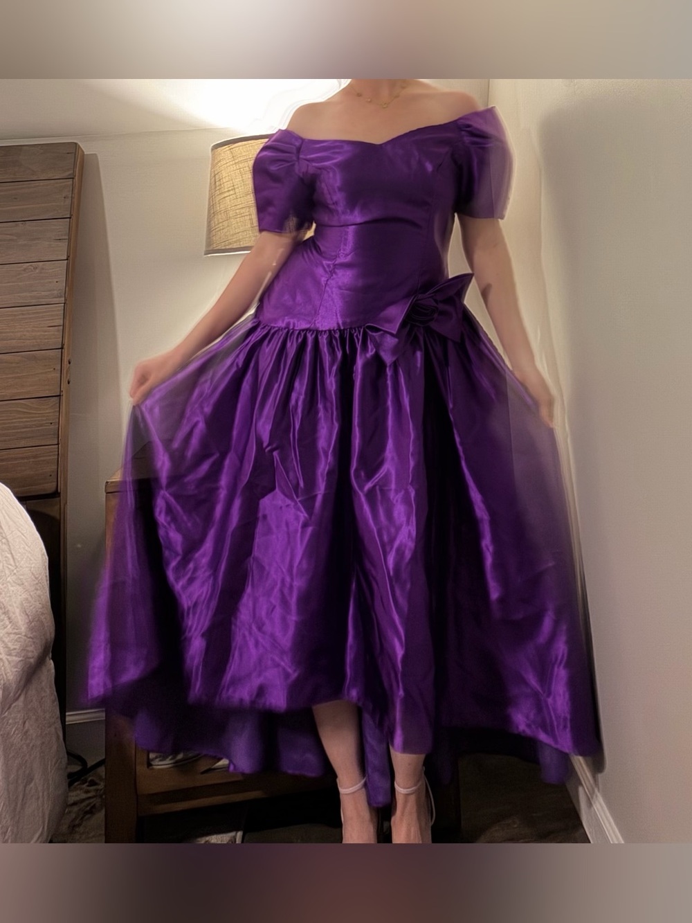 VTG 80’s Drop Waist Asymmetrical Vibrant Purple Satin Party Dress W/ Rosette